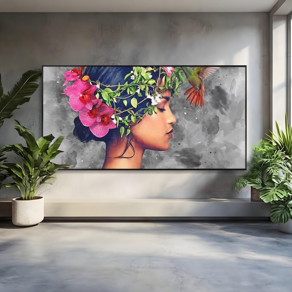 Tablou canvas cu tablou canvas cu portret de femeie si colibri, in rama de aluminiu negru